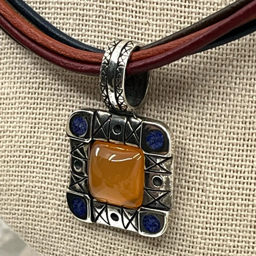 Vintage Ava Yetter Southwestern Pendant Necklace – Amber, Lapis, 925 Sterling - Picture 3 of 17